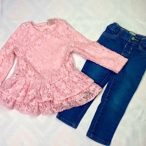 Floral Lace Top With Medium Wash Denim Jeans